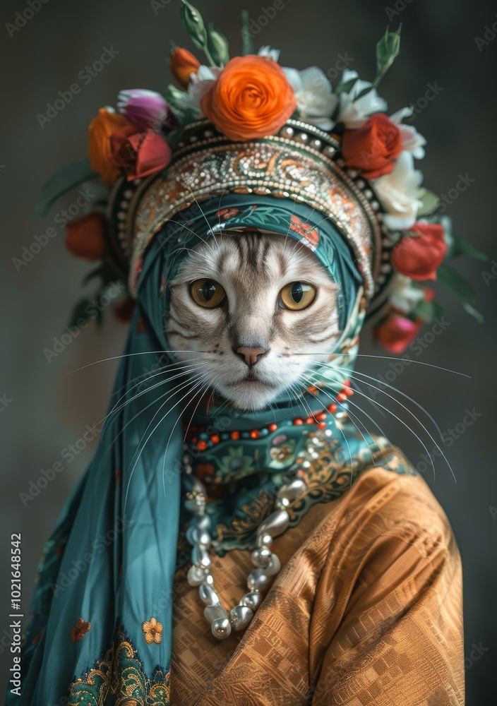 A cat wearing a traditional Russian headdress