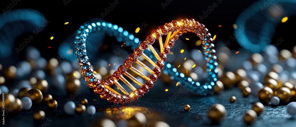 Vibrant DNA Helix with Particles in Dark Background Vibrant DNA Helix with Particles in Dark Background
