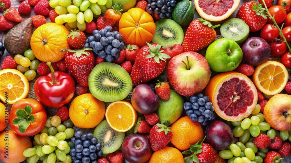 A vibrant assortment of fresh fruits displayed on a colorful backdrop. Generative AI A vibrant assortment of fresh fruits displayed on a colorful backdrop. Generative AI