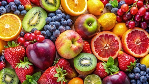 Colorful arrangement of various fruits on a display under natural light. Generative AI