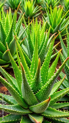 Aloe vera plants growing in a lush garden setting during daylight hours. Generative AI