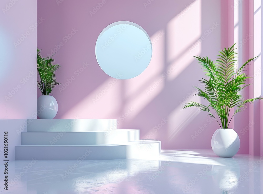 Pastel Pink Minimalist Scene with Plant Pastel Pink Minimalist Scene with Plant