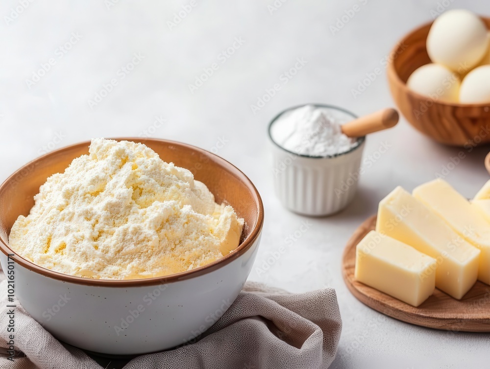 Butter and sugar being creamed in a bowl on the table, various baking tools around, cozy kitchen scene Butter and sugar being creamed in a bowl on the table, various baking tools around, cozy kitchen scene