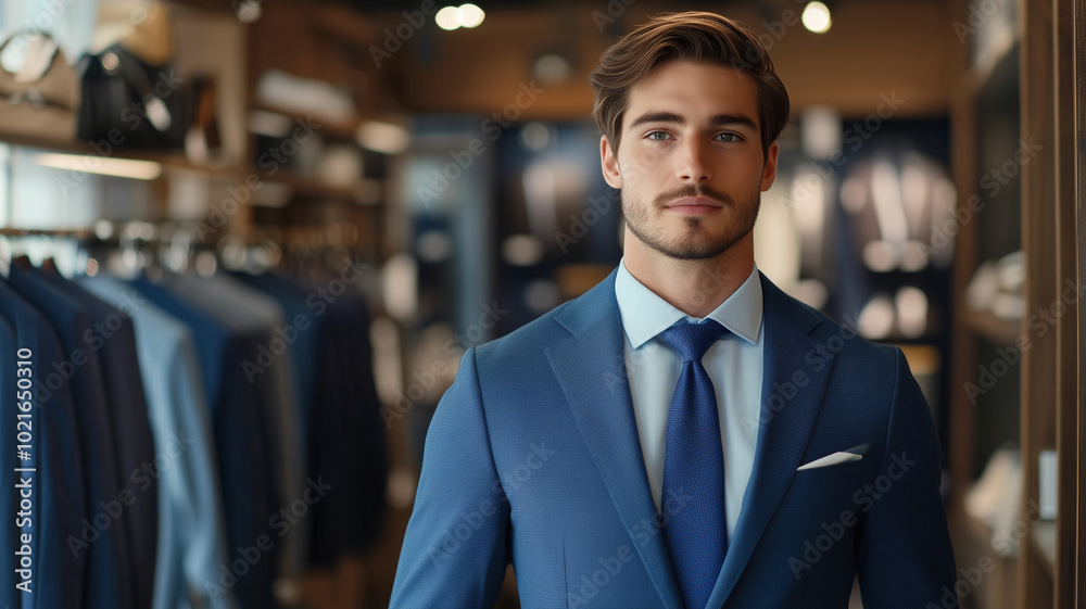 A young man confidently showcasing a stylish suit in a fashion boutique