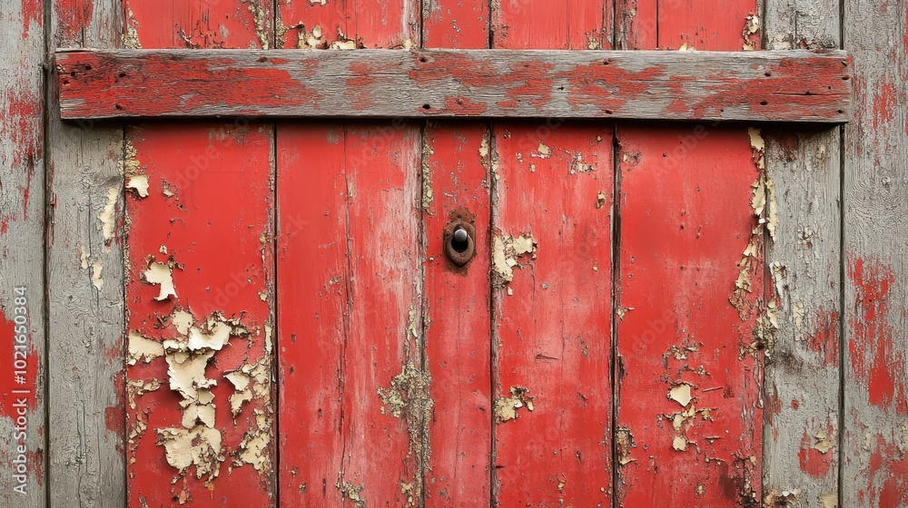 Weathered red wooden door with peeling paint and a rusty metal hinge. Weathered red wooden door with peeling paint and a rusty metal hinge.