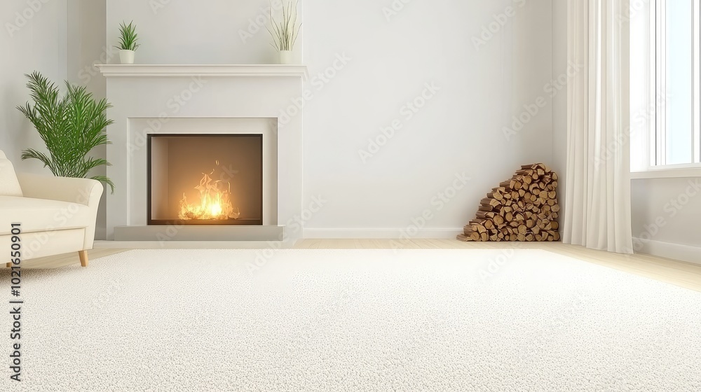 The modern living room combines comfort and style with a plush armchair, a glowing fireplace, decorative elements, and a charming potted plant, appealing to relaxation. The modern living room combines comfort and style with a plush armchair, a glowing fireplace, decorative elements, and a charming potted plant, appealing to relaxation.