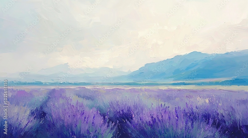 Fototapeta premium A painting of a field of lavender flowers with mountains in the distance and a blue sky with white clouds is optimized text