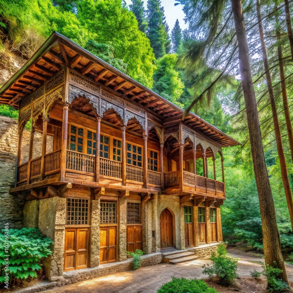 Old Iranian house with wooden walls nestled in a lush forest setting. Generative AI Old Iranian house with wooden walls nestled in a lush forest setting. Generative AI