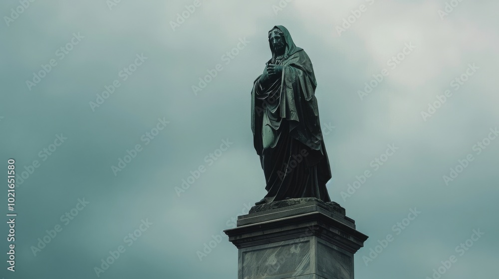 A bronze statue of a woman in a long robe stands tall against a cloudy sky. A bronze statue of a woman in a long robe stands tall against a cloudy sky.