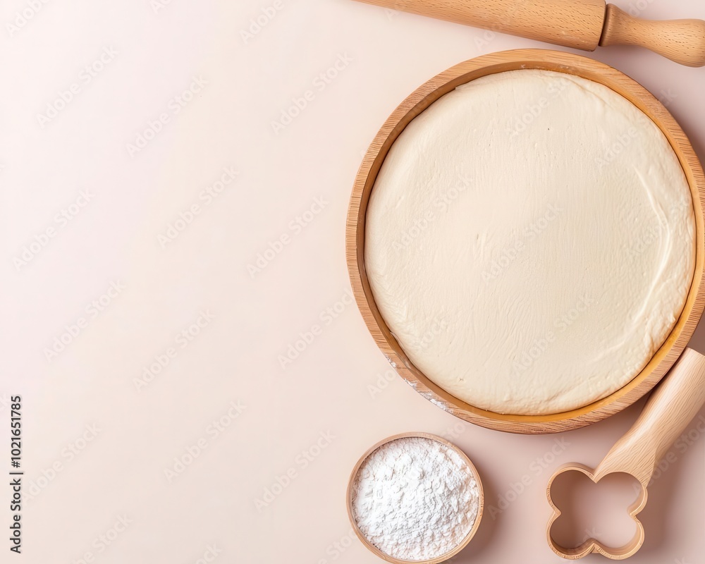 Rolling pin and cookie cutters beside cake batter, flour on the table, homely baking setup Rolling pin and cookie cutters beside cake batter, flour on the table, homely baking setup