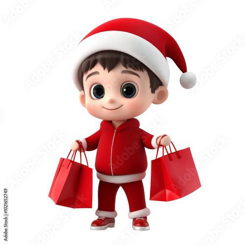 cute boy santa cluase cartoon with shopping bag on a white background. 3d render illustration. Generative AI photo