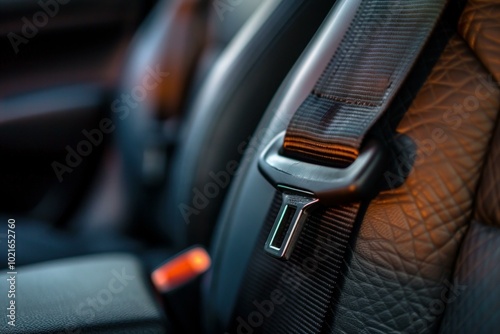 Empty leather car seat with fastened seatbelt waiting for passenger in modern car interior photo