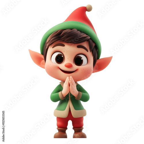 cute little kid boy wearing green elf Christmas costume on white background. Generative AI