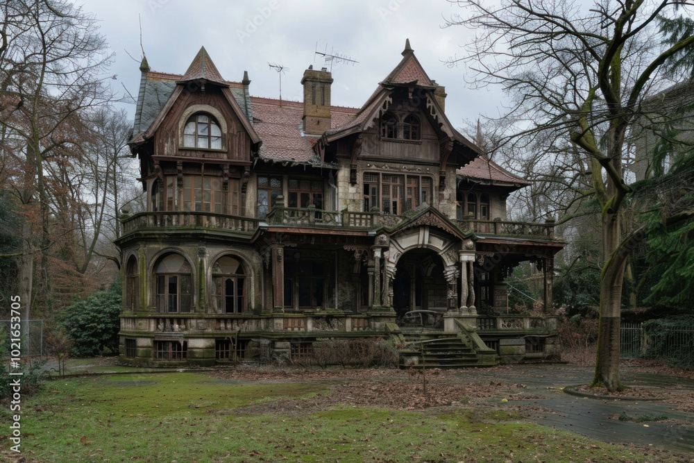 Abandoned victorian mansion decaying in overgrown landscape Abandoned victorian mansion decaying in overgrown landscape