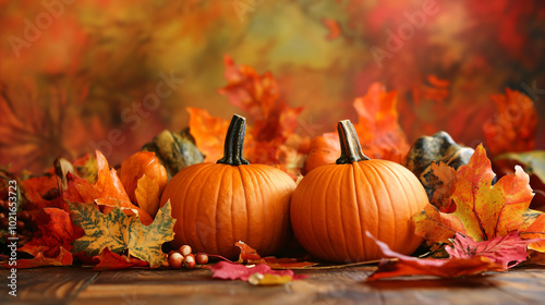 Ripe pumpkins on a blur background. Thanksgiving day or Halloween concept. Beautiful holiday harvest autumn banner background with copy space  photo