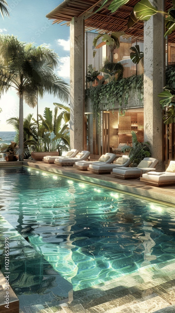 Fototapeta premium Tropical Paradise Poolside Resort Illustration