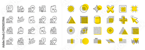 Petrol canister, B7 diesel fuel and gas cylinder set. Design shape elements. Filling station line icons. Lpg, fuel filling station and 95 petrol canister line icons. Vector