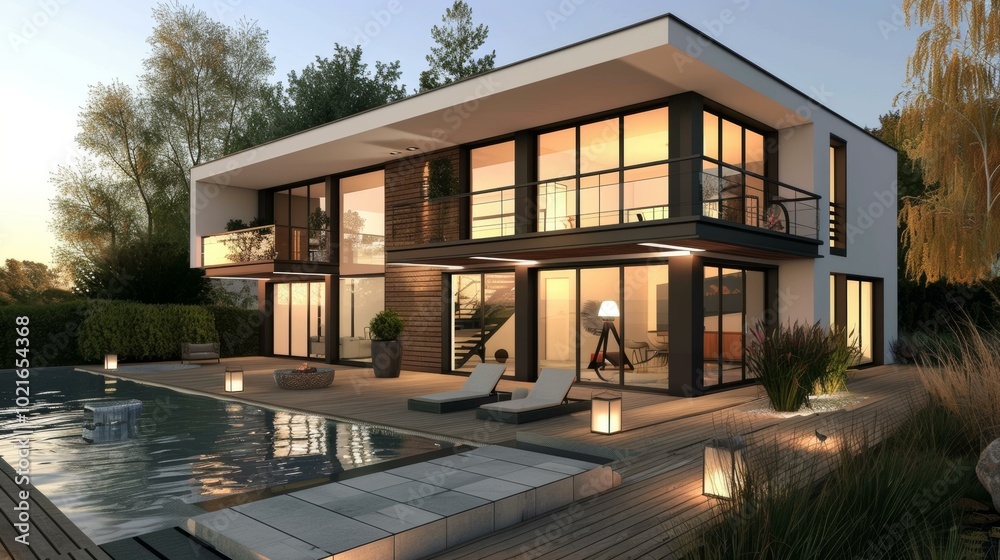 Modern Luxury House by the Poolside at Dusk Modern Luxury House by the Poolside at Dusk