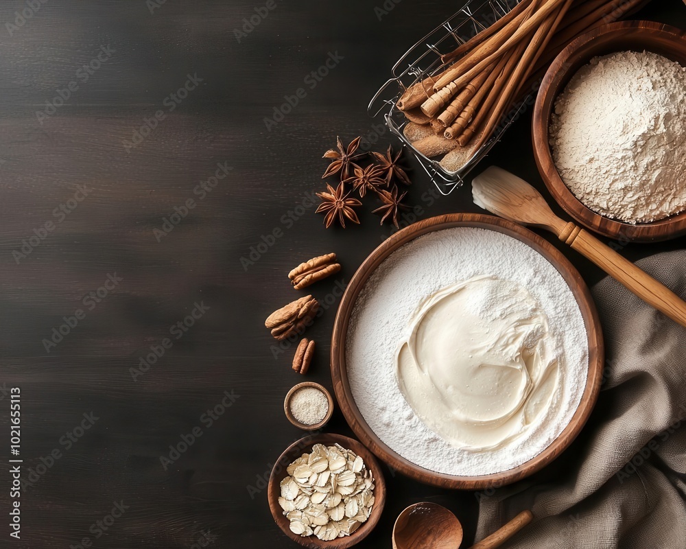 Baking ingredients and tools neatly arranged on a table, cake batter being mixed, warm light Baking ingredients and tools neatly arranged on a table, cake batter being mixed, warm light