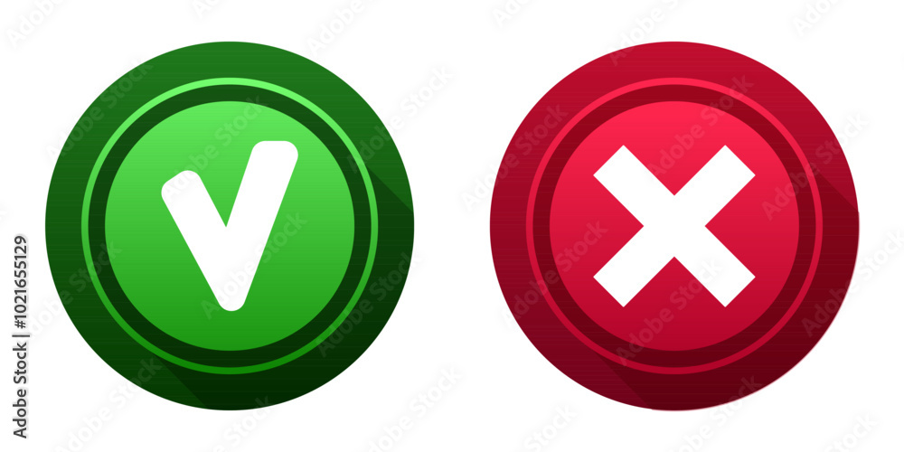 Yes and No buttons icons for confirmation and denial. Tick and cross symbols. Green and red button on white background. Yes and No buttons icons for confirmation and denial. Tick and cross symbols. Green and red button on white background.
