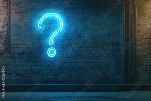 a neon blue question mark on a brick wall