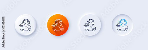 Global business line icon. Neumorphic, Orange gradient, 3d pin buttons. Delivery service sign. Internet marketing symbol. Line icons. Neumorphic buttons with outline signs. Vector