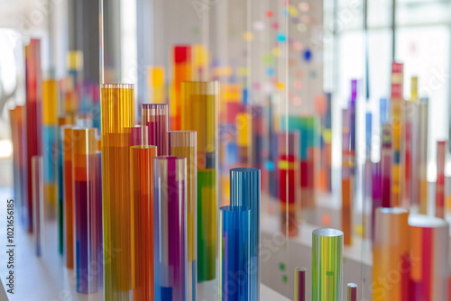 A colorful display of transparent vertical bars in various heights arranged in a bright modern gallery space 