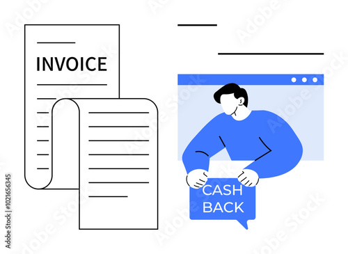 Shows a rolled-up invoice and a person interacting with a screen, holding a cash back sign. Ideal for finance, customer service, online transactions, e-commerce, and rewards programs. Clean modern