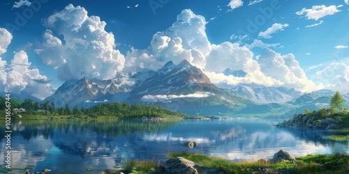 Majestic Mountain Lake Scenery Illustration