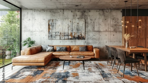 An open-concept living and dining area with a concrete feature wall