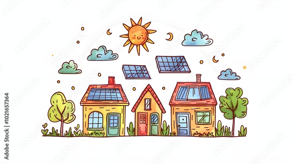 Cute Doodle of Solar Panels with Sunny Elements
