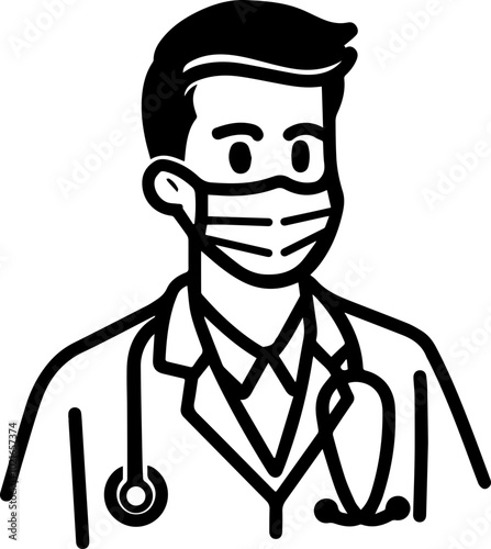 Medical Vector Icon Doctor with Face Mask and Stethoscope Outline, Cartoon Style