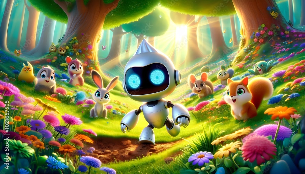 A small silver robot with glowing blue eyes, steps into a vibrant, cartoonish forest. The trees are tall and a bright, cheerful green. The animals are adorable and colorful, like friendly birds. A small silver robot with glowing blue eyes, steps into a vibrant, cartoonish forest. The trees are tall and a bright, cheerful green. The animals are adorable and colorful, like friendly birds.