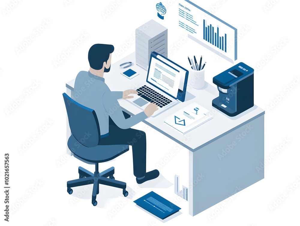 Isometric Illustration of a Man Working at a Desk Isometric Illustration of a Man Working at a Desk