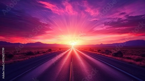 A long, straight highway extending into the distance, framed by a breathtaking sunset with vibrant pink, purple, and orange hues.