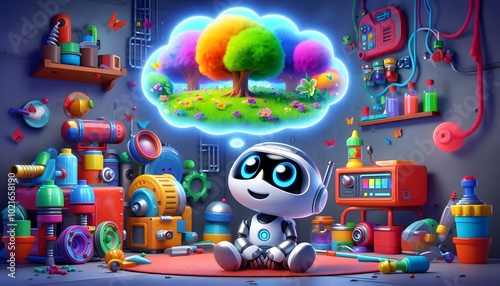 A small silver robot loving nature, a robot with bright blue eyes, surrounded by colourful machines and gadgets, a Vibrant 3D Cartoon Scene with a Colorful Dream World or nature.