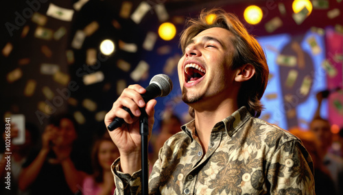 Young man singing in karaoke club. Handsome performer holding microphone, live music entertainment nightclub. Male singer voice, nightlife fun and musical enjoyment.