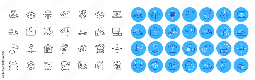 Handbag, Rent car and Vip transfer line icons pack. Journey, Return parcel, Milestone web icon. Open box, Car service, Delivery pictogram. Lighthouse, Cardboard box, Packing boxes. Vector Handbag, Rent car and Vip transfer line icons pack. Journey, Return parcel, Milestone web icon. Open box, Car service, Delivery pictogram. Lighthouse, Cardboard box, Packing boxes. Vector