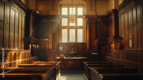 Inside a Quiet Courtroom with Wooden Furniture and Natural Light
