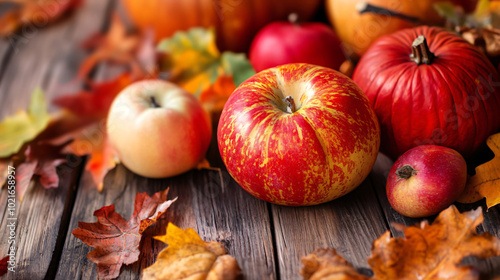 Ripe pumpkins and apple on a grey background. Thanksgiving day or Halloween concept. Beautiful holiday harvest autumn banner background with copy space 
 photo