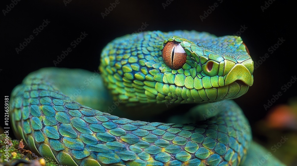 A close-up portrait of a green pit viper with a black background. The snake's scales are visible, and its eye is focused on the viewer. A close-up portrait of a green pit viper with a black background. The snake's scales are visible, and its eye is focused on the viewer.