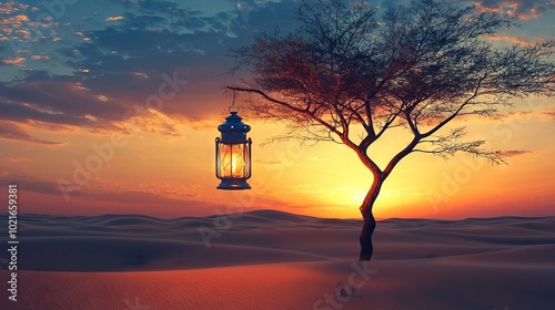   A lantern dangles on a tree's side amidst desert at sunset