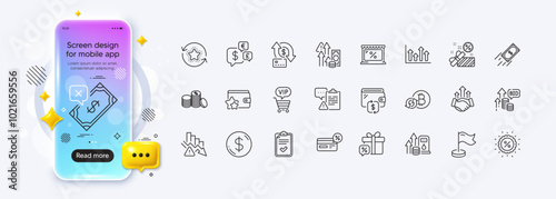 Market, Upper arrows and Banking money line icons for web app. Phone mockup gradient screen. Pack of Discount, Deflation, Bid offer pictogram icons. Fast payment, Wallet, Sale gift signs. Vector