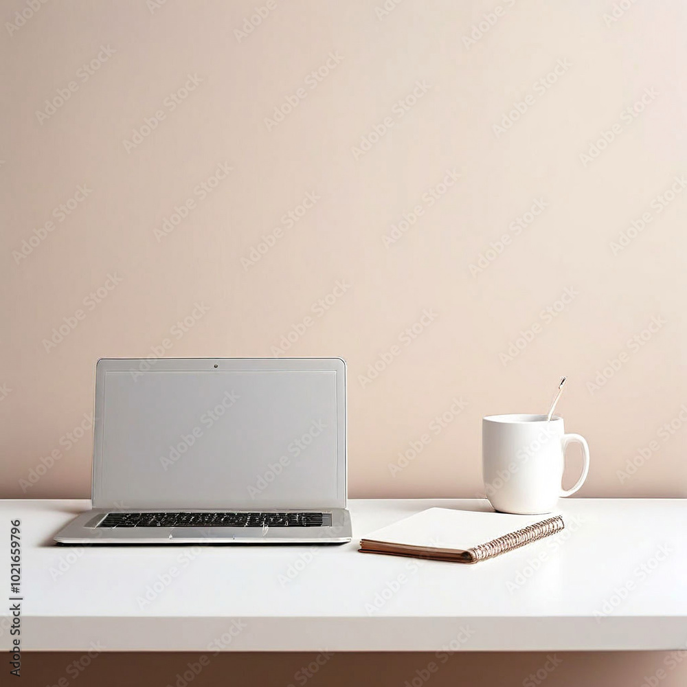 Fototapeta premium Empty white desk with laptop and notebook