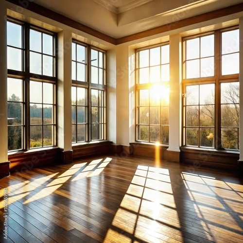 Bright and spacious room with large windows showcasing sunlight and outdoor views. Generative AI