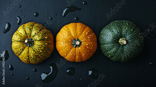 Ripe pumpkins on a black background flat lay. Thanksgiving day or Halloween concept. Beautiful holiday harvest autumn banner background with copy space 
 photo