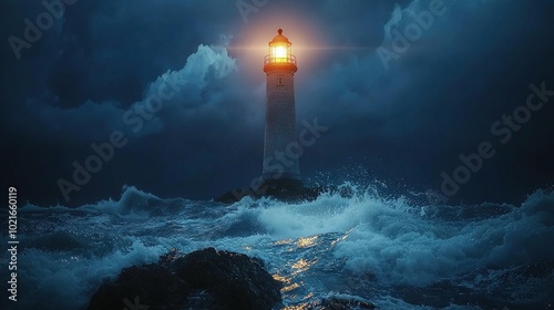   A lighthouse on the water, lit at night
