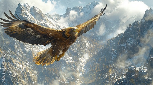   Bird soaring above majestic mountain range with cloudy backdrop; bird visible in close-up