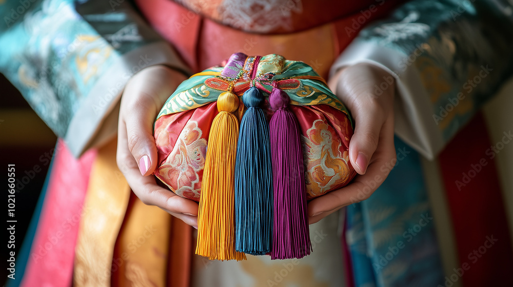 Fototapeta premium Exquisite luxury fabric gift wrap with colorful tassels gracefully held by hands in traditional Asian outfits.