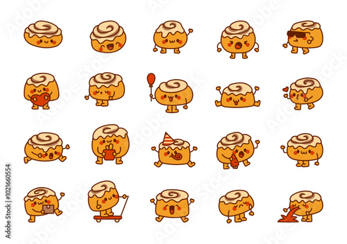 Cute cinnamon bun. Adorable cartoon pastry. Hand drawn style. Vector drawing. Collection of design elements.